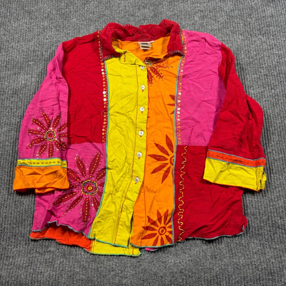Usindo Shirt Womens Large Patchwork Button Up Multicolored Floral Sequin Boho